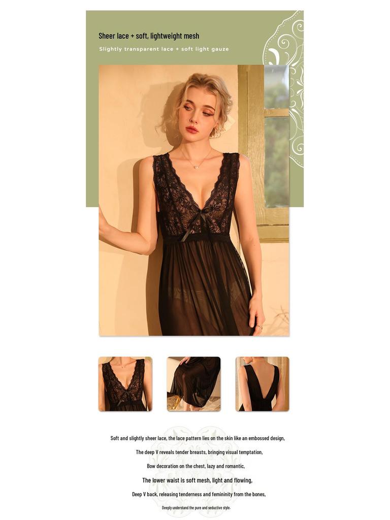 Elegant Women's Wide Strap Mesh Lace Nightgown Pajamas