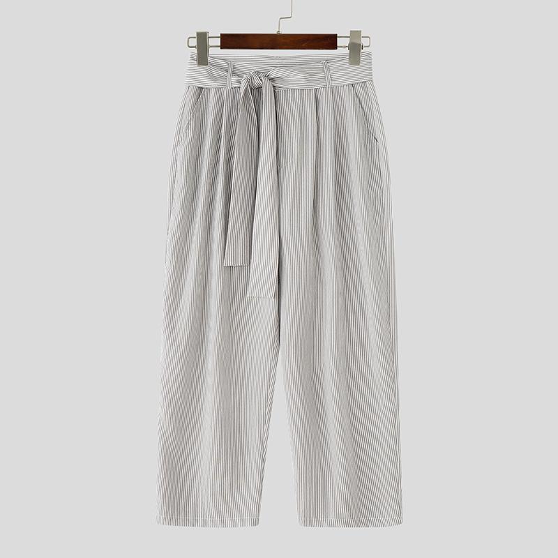 

INCERUN Мужские повседневные брюки гаремы на молнии спереди, с перекрученным полосатым принтом на талии 2XL серый