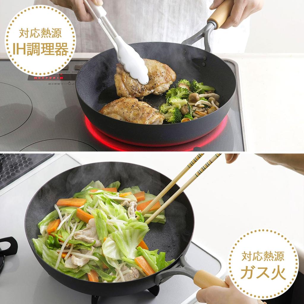 Shimomura Kikaku Iron Frying Pan 26cm [Made in Japan] Gas and IH Compatible, Double Fiber Embossed Finish, Non-stick, Easy-to-grip Wooden Handle,