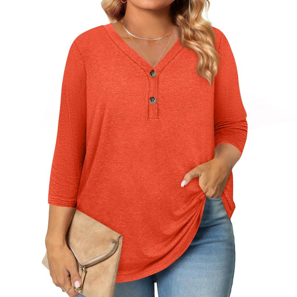 3/4 Length Sleeve Womens Tops Plus Size Button Down V Neck Shirts Blouses Casual Solid Color Loose