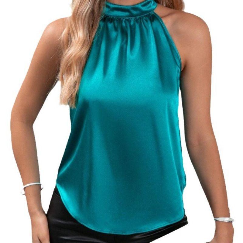 Hanging Neck Vest2024 European American Summer New Women's Satin Pure Color off-Shoulder Halter Vest