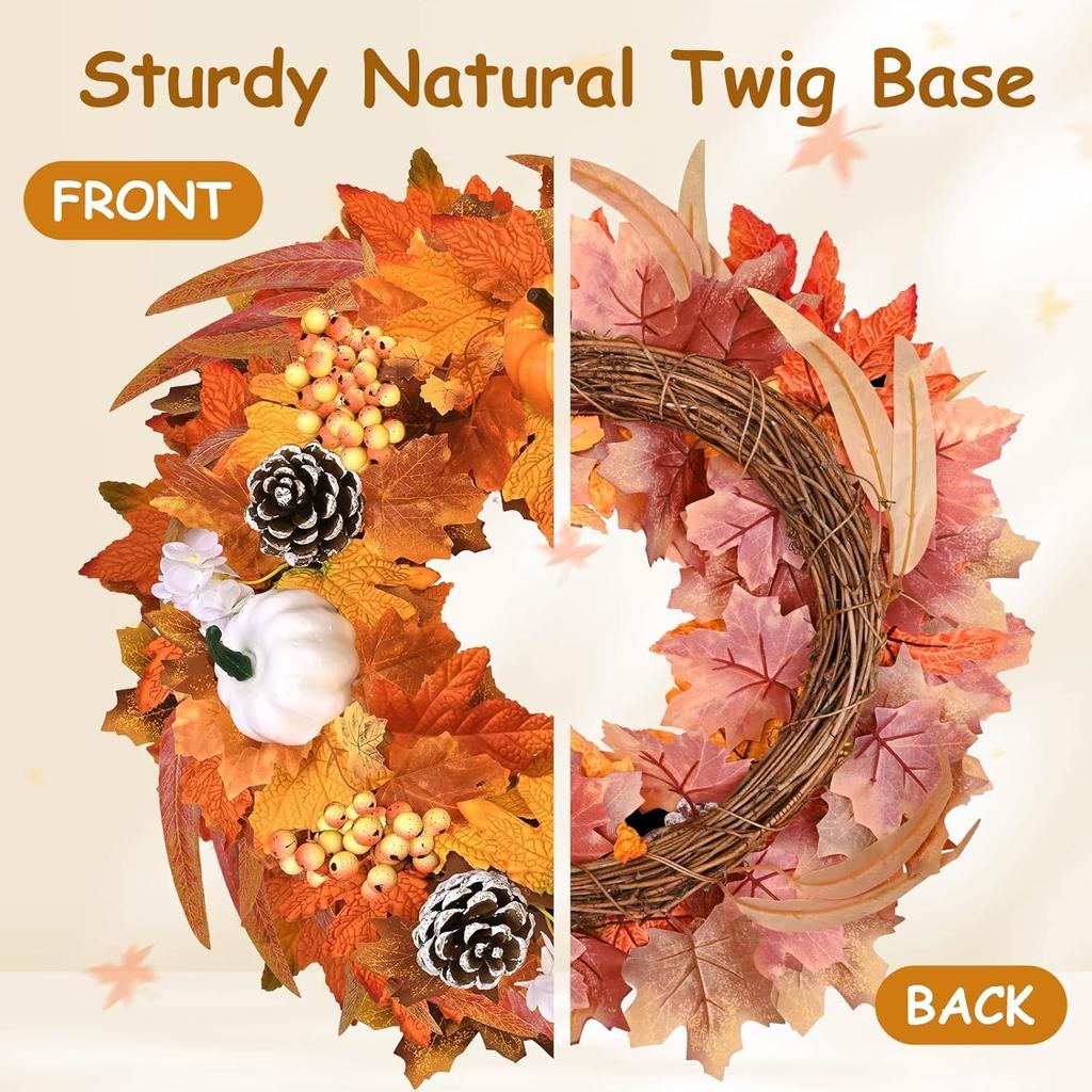 Halloween Fall Color Simulation Wreath, Foam Pumpkin Pine Nuts Berry Door Hanging Harvest Festival Vine Ring Thanksgiving Wreath
