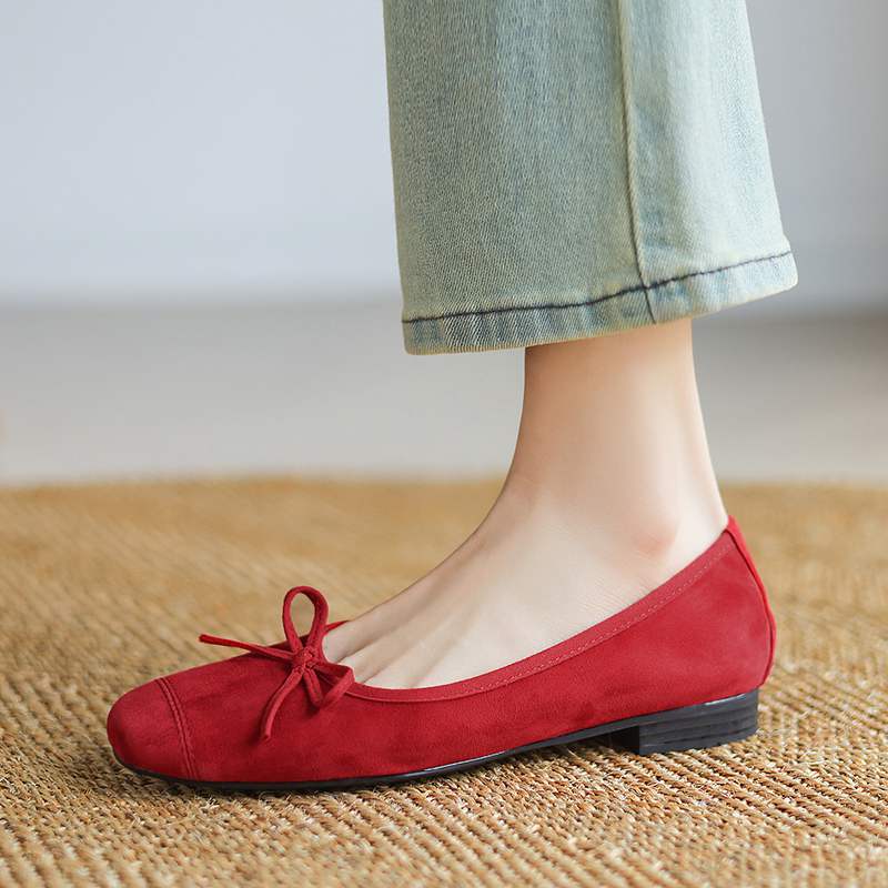 Krazing Pot Suede Fashion Spring Size 42 41 Low Heels Women Round Toe Shoes Ballet Dance Butterfly-knot Shallow Pumps
