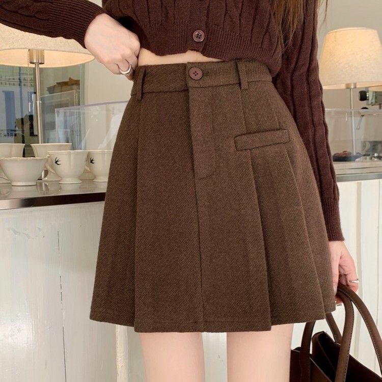 High-Waisted Woolen Pleated Skirt - Women's A-Line Winter Fashion