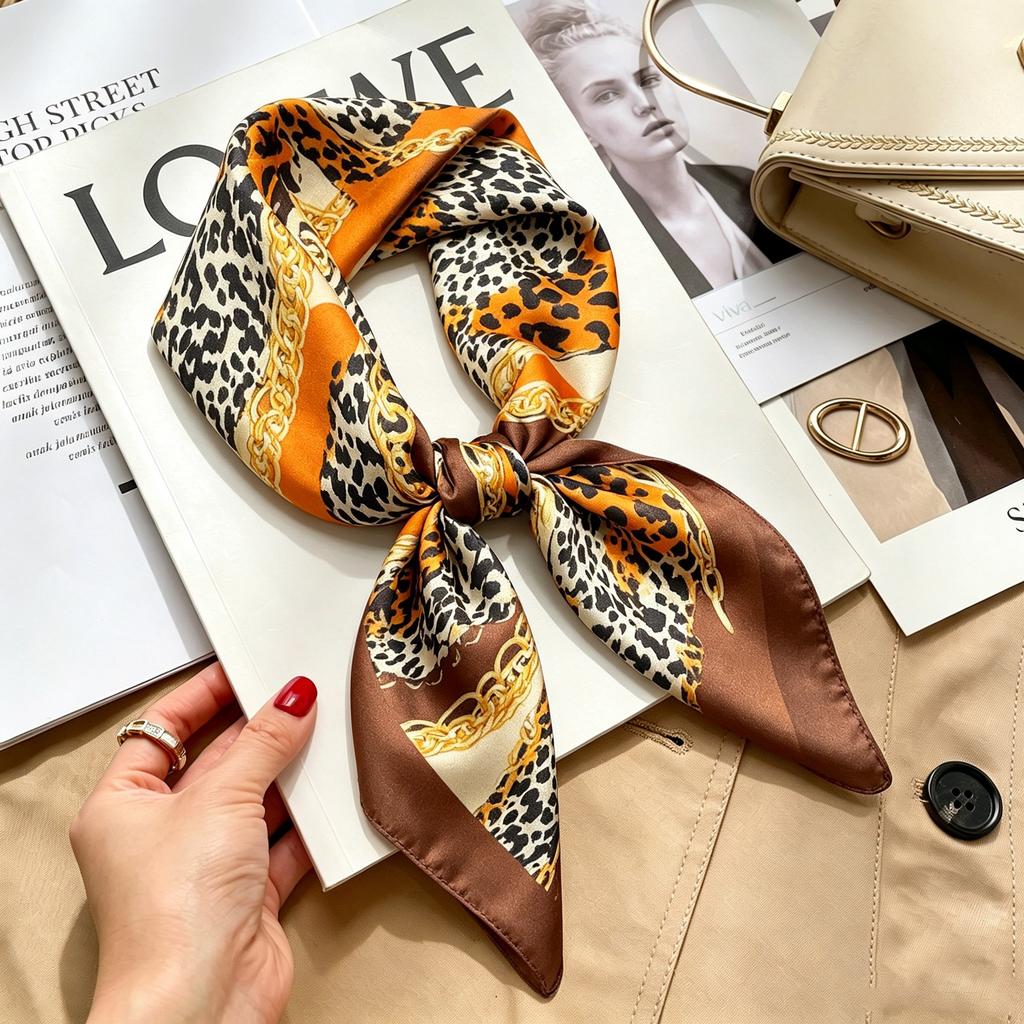 Commuter elegant flower silk scarf women's contrasting color retro printing satin scarf shirt with multi-purpose decorative small scarf
