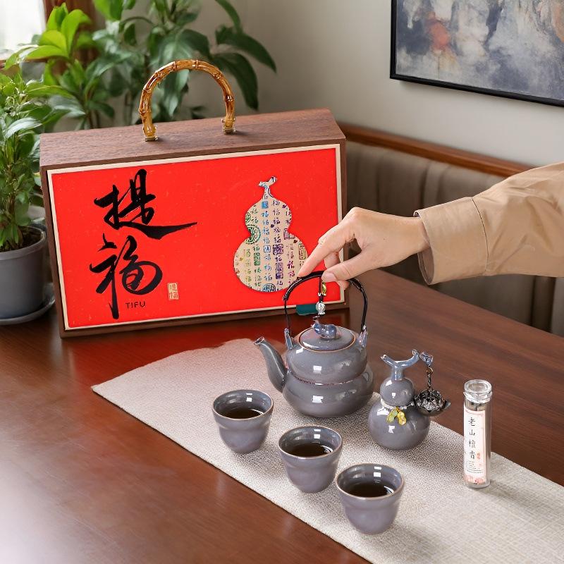 Fu Lu Ceramic Tea Set: Kung Fu Style Chinese Tea Brewing Gift Box for Incense Ceremony & Housewarming