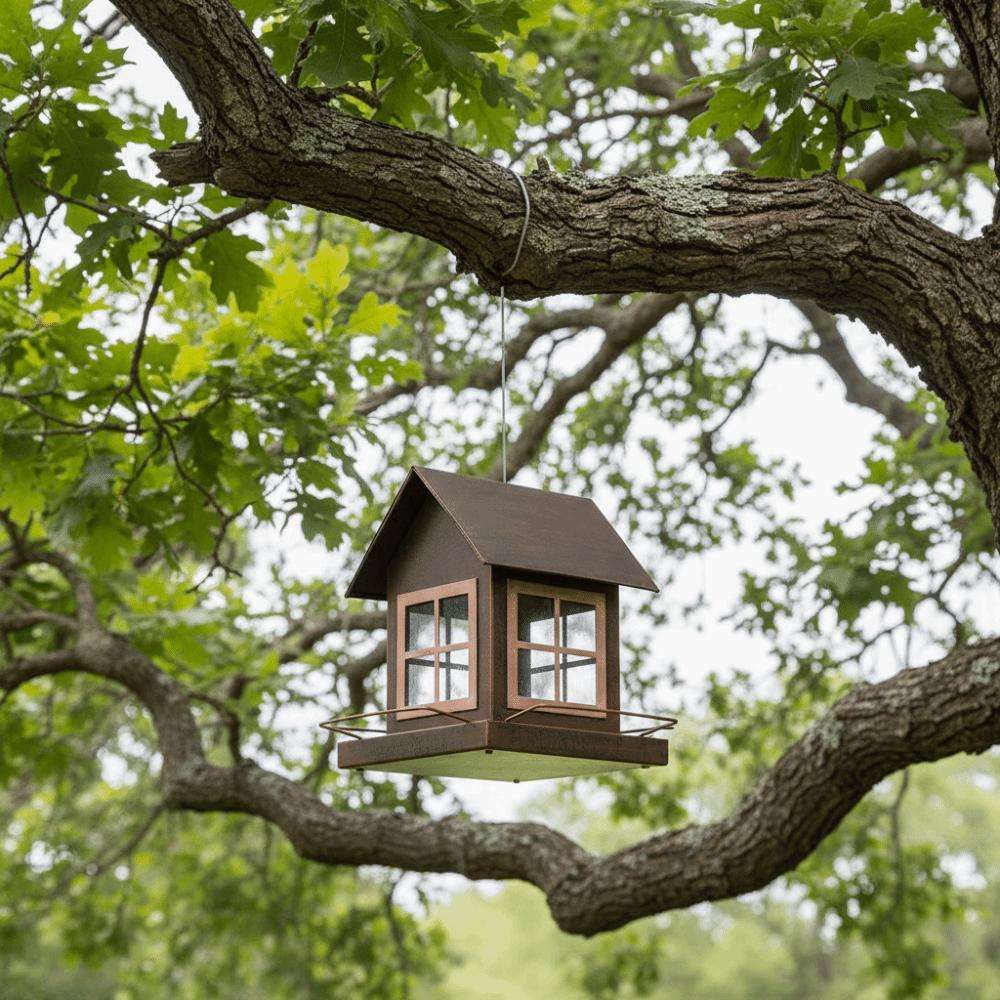 Country Style Hanging Bird Feeder House Shape Large Capacity Bird Food Bowl Metal Windproof Parrot Feeding Station Backyard