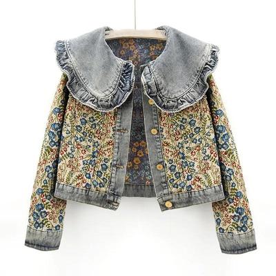 Giacca di Jeans da Donna a Maniche Lunghe con Collo Peter Pan Design Autunnale Top Corto Casual