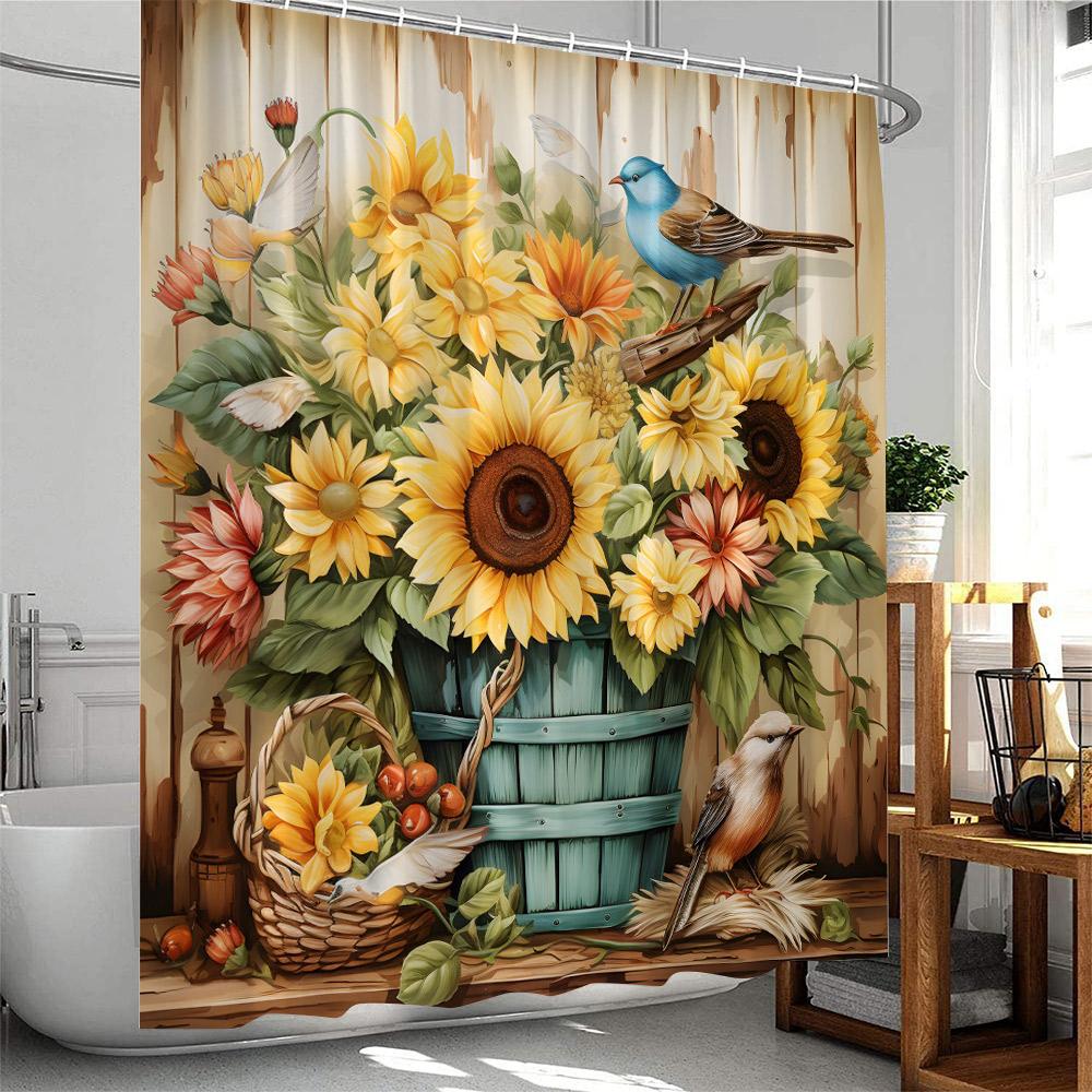 Sunflower Farmhouse Shower Curtain Countryside Autumn FLowers Birds Butterfly Floral Bathroom Decor Polyester Bathtub Curtain