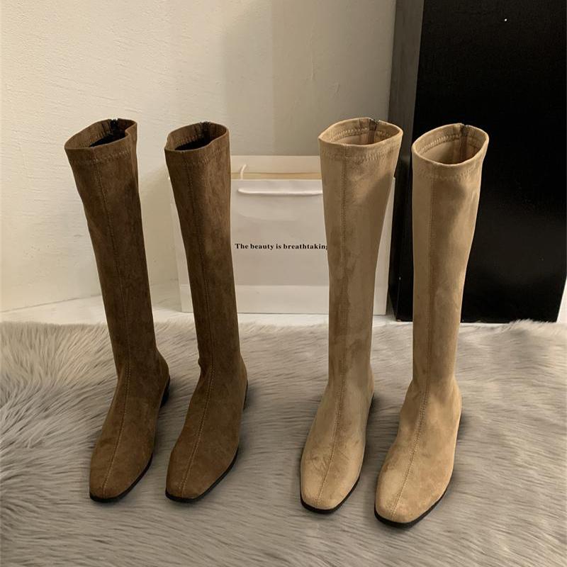 Mote Vinter Vintage Slanke Dame Knehøye Støvletter Designer Tykke Hæler Sko Moderne Lange Støvletter For Kvinner