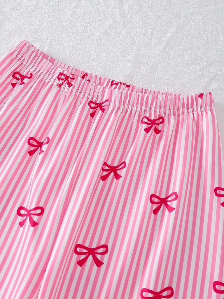 Soft Stretchy Bow Print Pajama Set Crew Neck Solid Short Sleeve Top & Striped Long Pants Cute Casual Summer Loungewear Sleepwear Outfit for Women