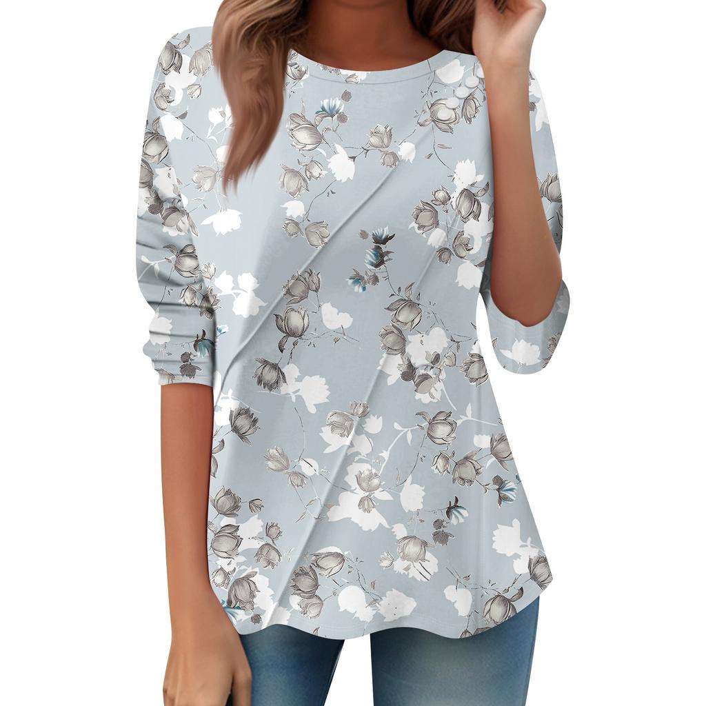 Women's Loose Casual Long Sleeve Top Round Neck Button Pull Stripe Prints T Shirt