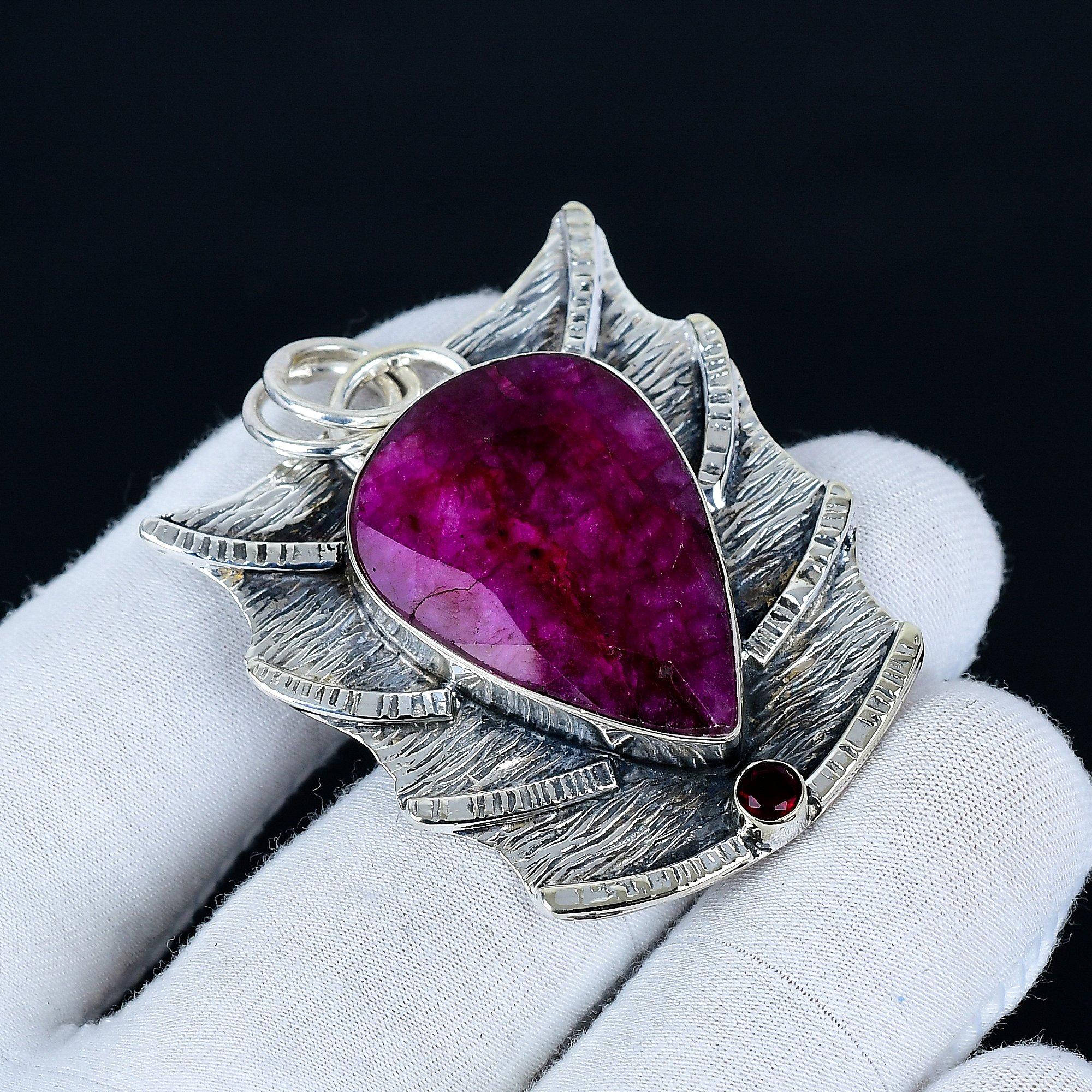 

Kashmir Ruby Pendant, 925 Sterling Silver Handmade Jewelry, Ruby Silver Pendant, Party Wear Jewelry For Women s, Pendant Valentine s Day Gift 6.5 Cm красный