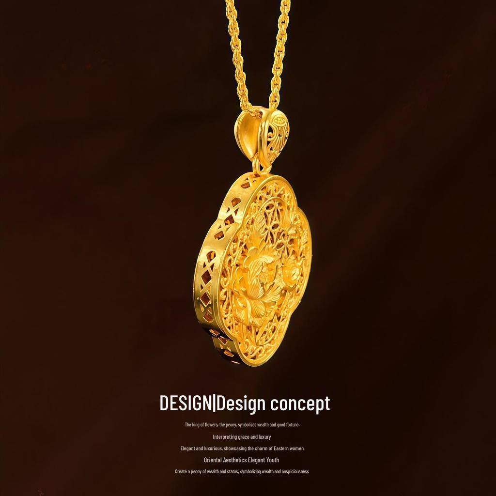 Double-Sided Chinese Peony & Four-Leaf Clover Gold-Plated Necklace