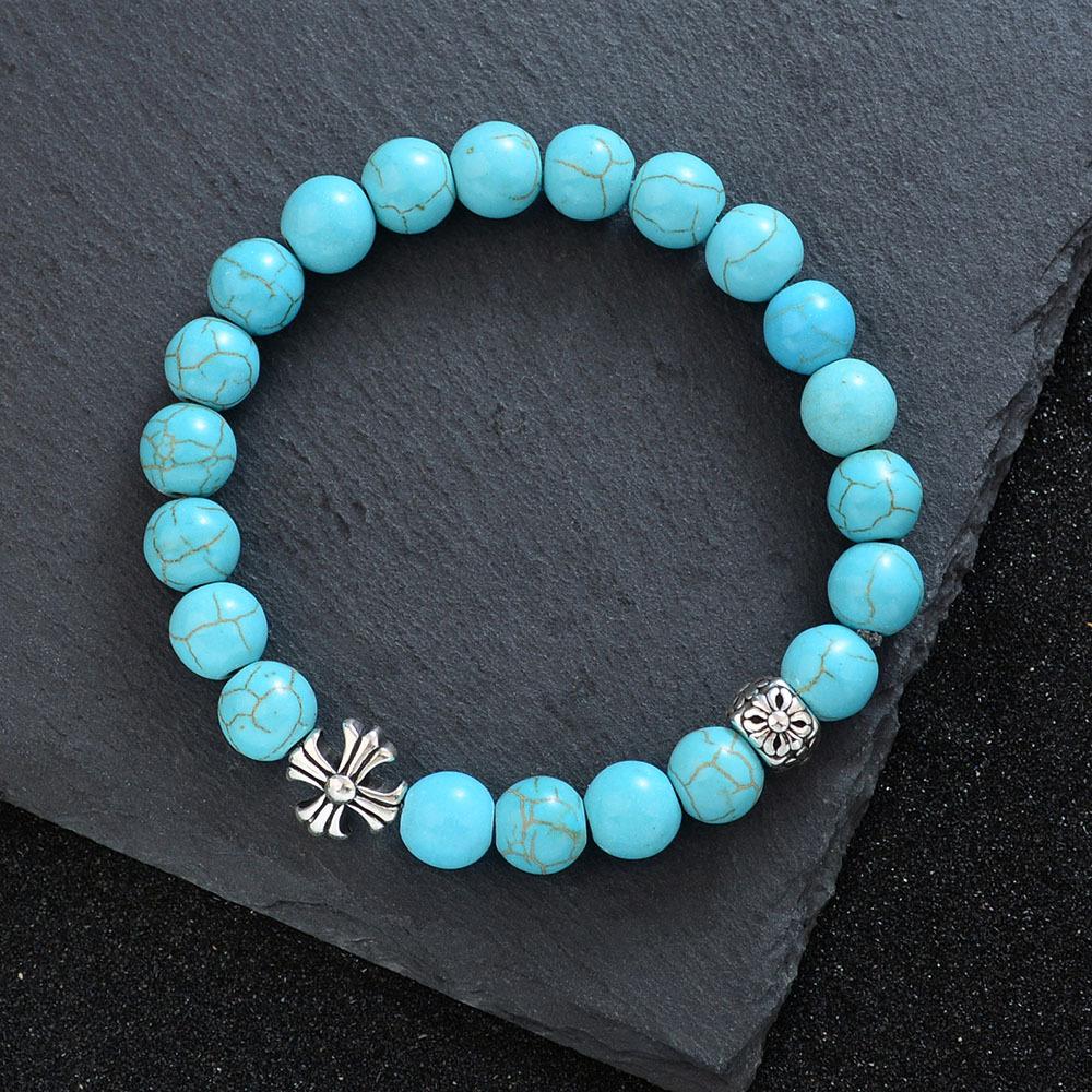 Turquoise Cross Bracelet, Retro Ethnic Style, Trend Temperament, High-End Elastic Rope Bracelet.