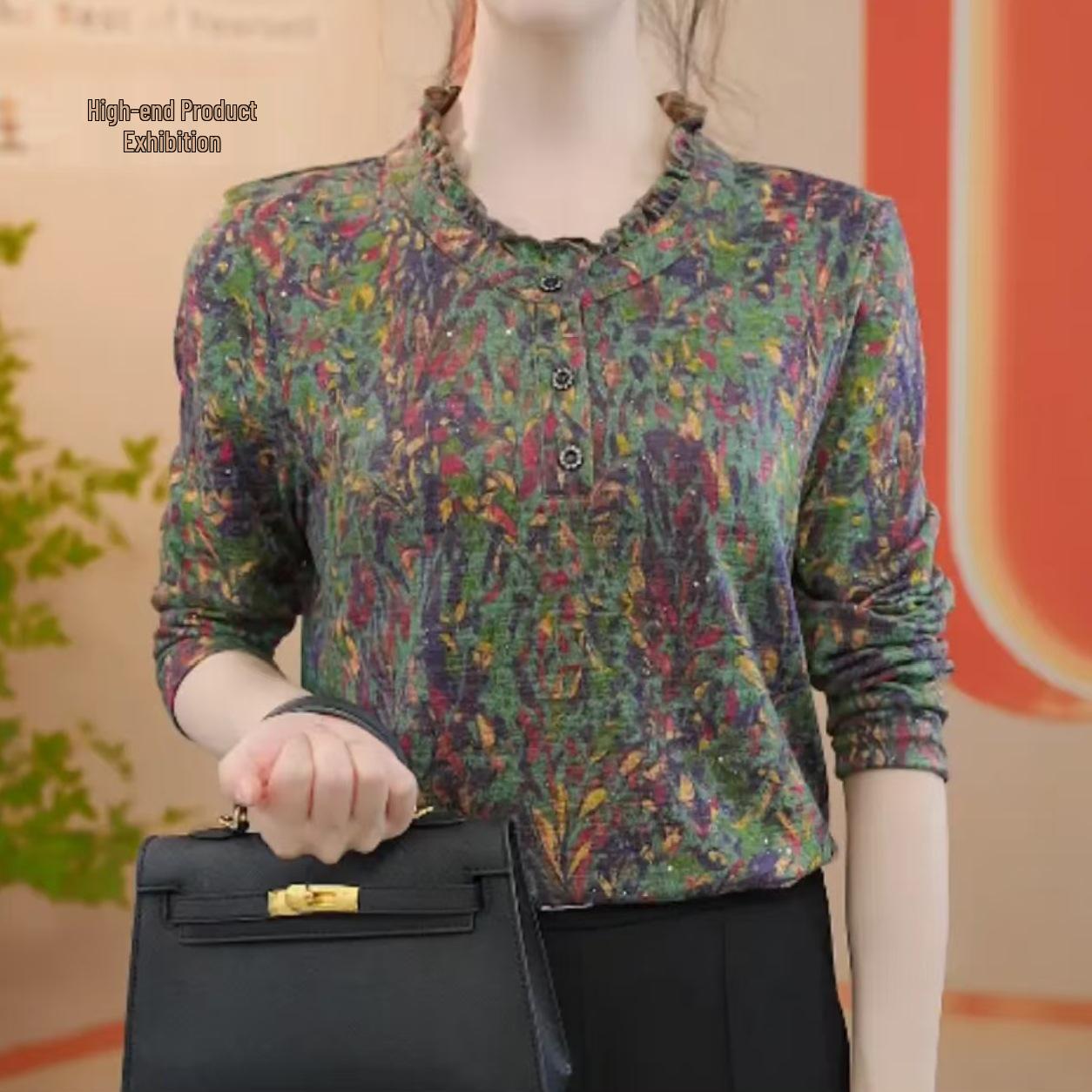 

Autumn/Winter Floral Print Loose Long Sleeve Plus Size Round Neck Top for Middle-Aged and Elderly Women 5XL