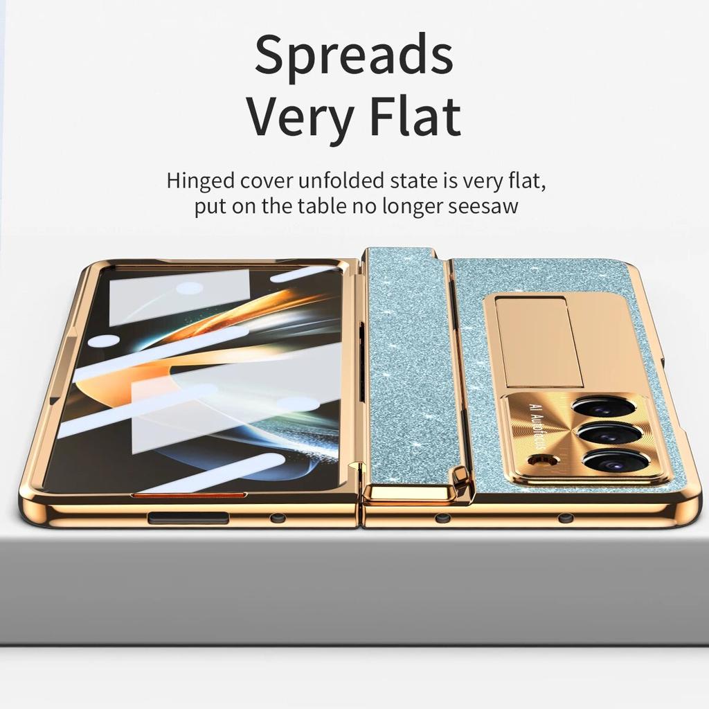 Luxury Plating Leather Bracket Hinge Protection Case for Samsung Galaxy Z Fold 5 4 3 Case with Screen Protector Cover