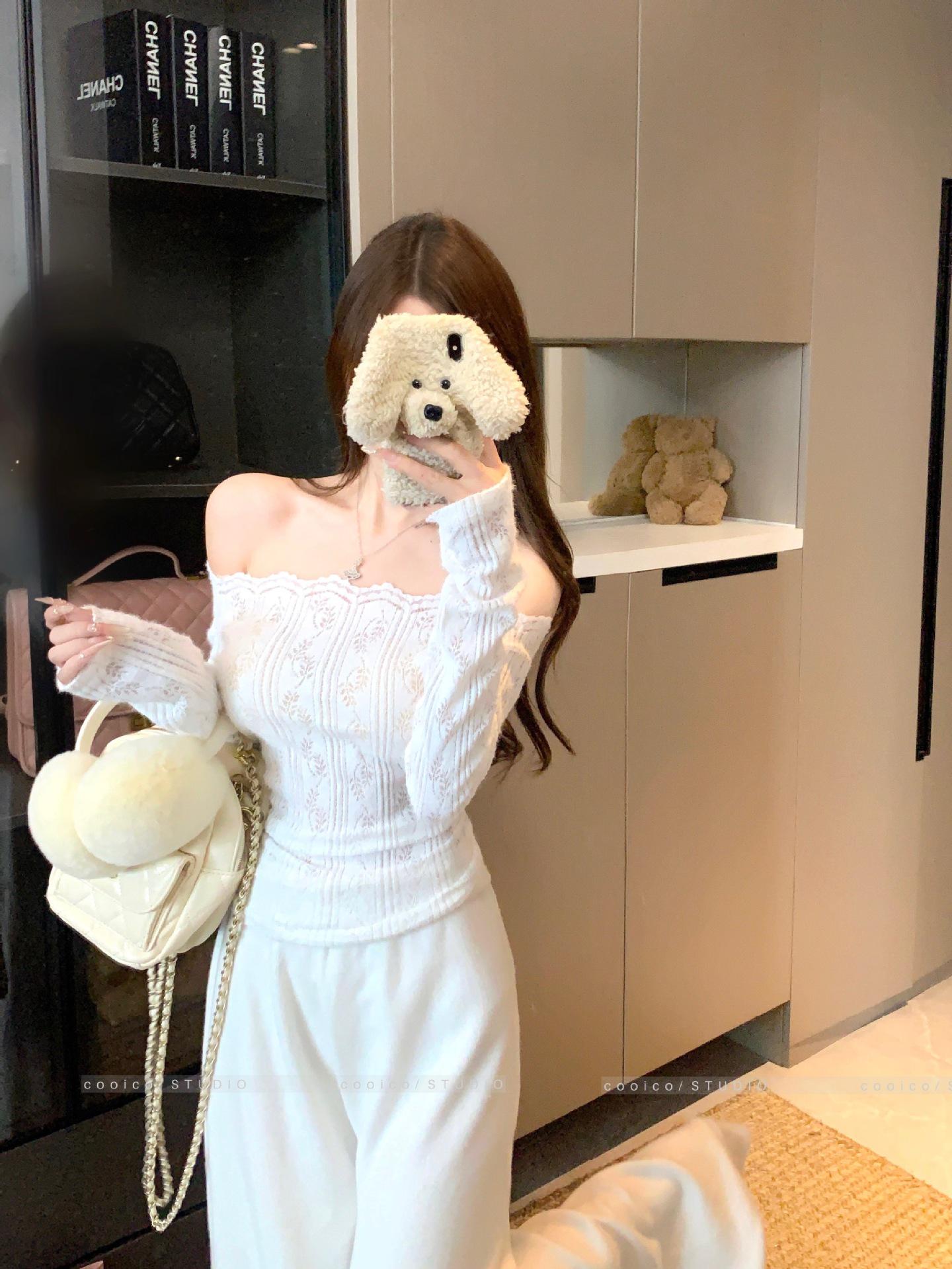 

Slim Fit One-Shoulder Long-Sleeve T-Shirt for Women - Sexy Korean Style Autumn/Winter Top L белый