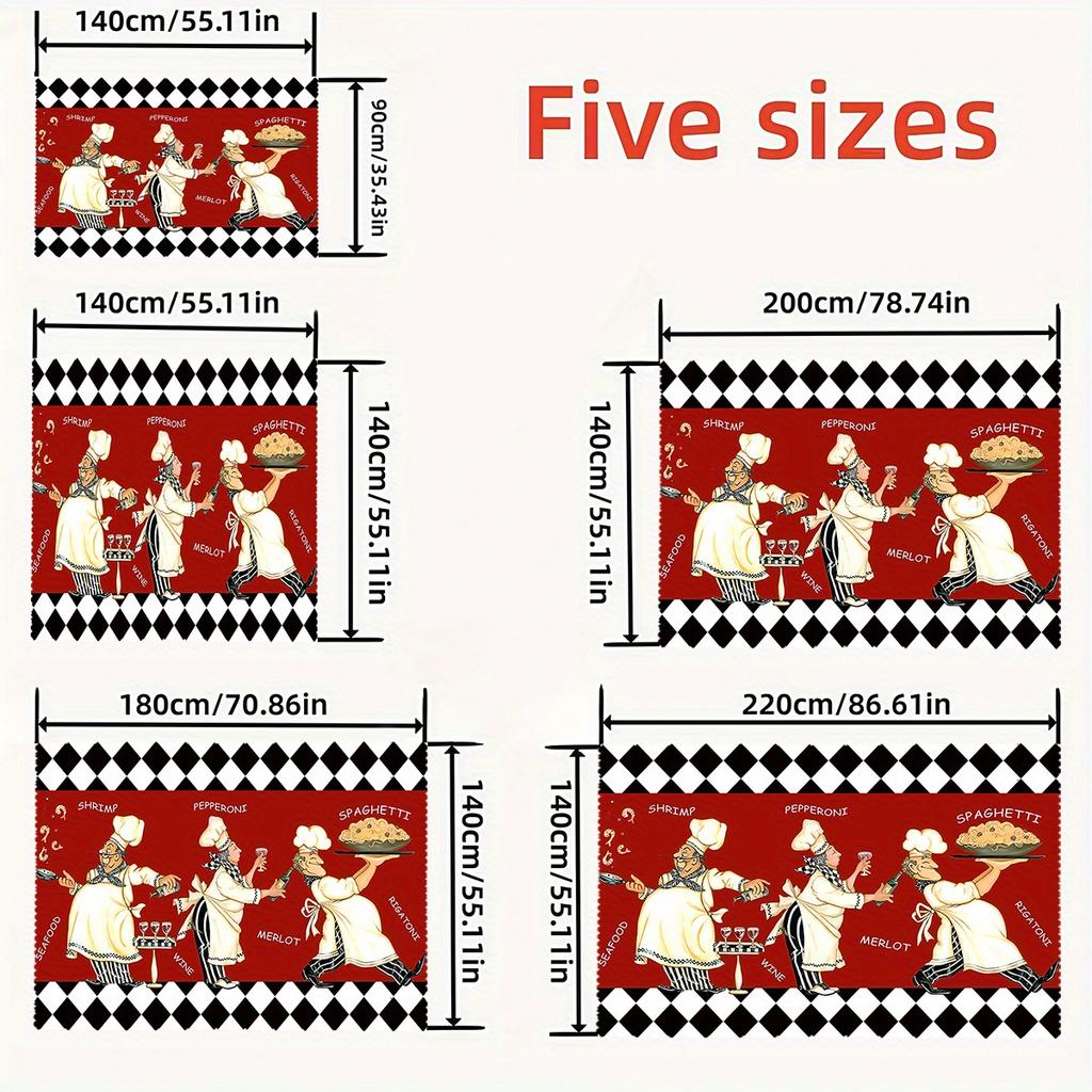 Retro Italian Chef Tablecloth, Red Background with Spaghetti & Wine Print, Scalloped Edge, Stain Resistant, for Kitchen & Dining
