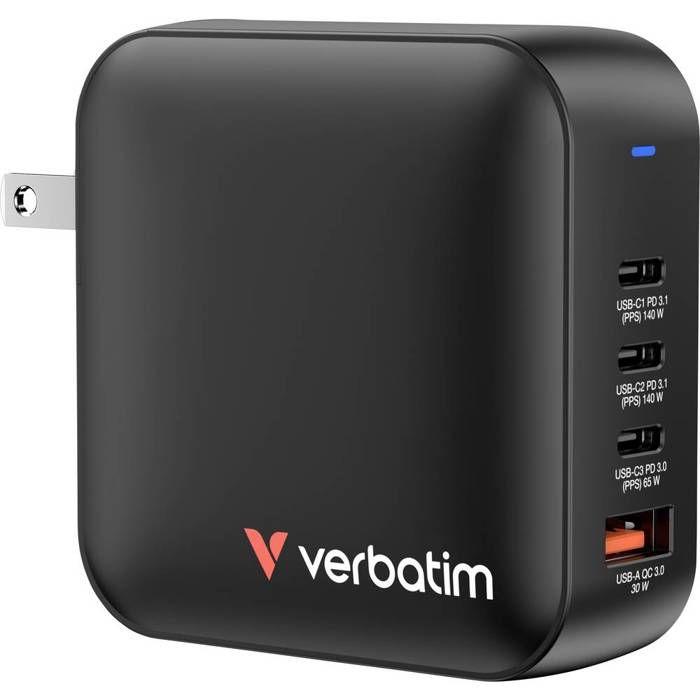 Verbatim Mini GaN Charger Adaptateur de voyage 165 W 1x USB-A, 3x USB-C® Power Delivery, USB PD 3.1, QC 3.0 noir charge