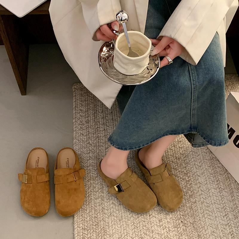 2025 Herbst neue flache Sohle Innenhöhe erhöht Retro weiche Sohle Halbschuhe Lazy Boken Schuhe Birken Schuhe Tasche Kopf Hausschuhe Frauen