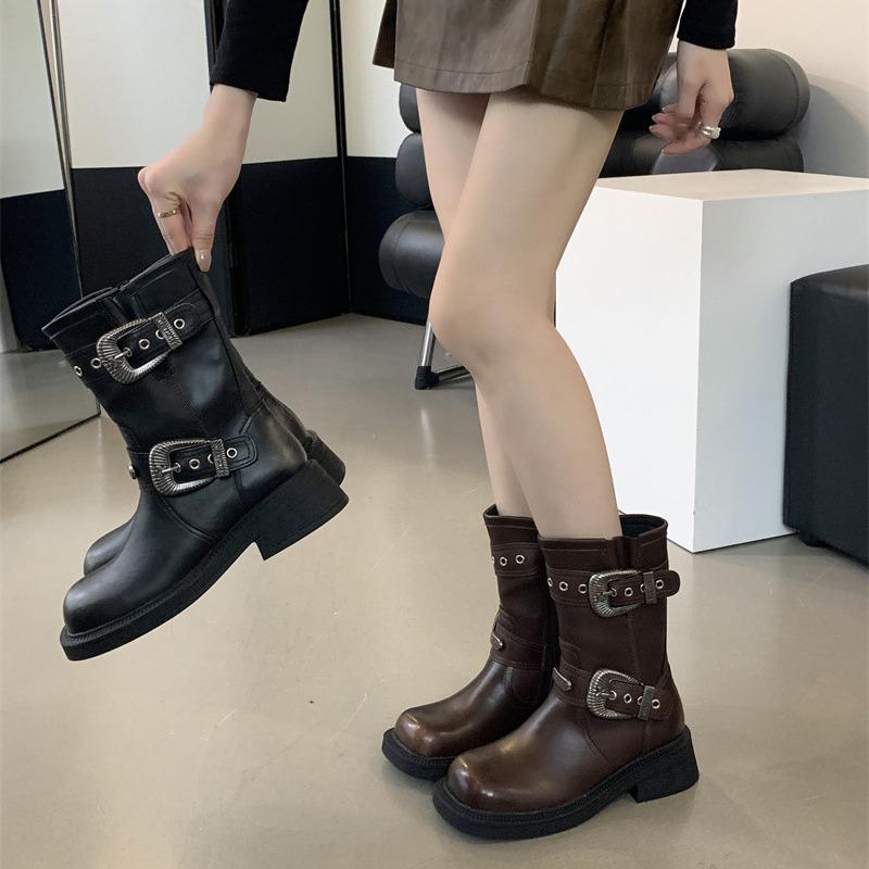 Zhao Zhaoyi's same short boots for women 2025 new cowhide Maillard fashion high-heeled belt buckle knight short boots for women