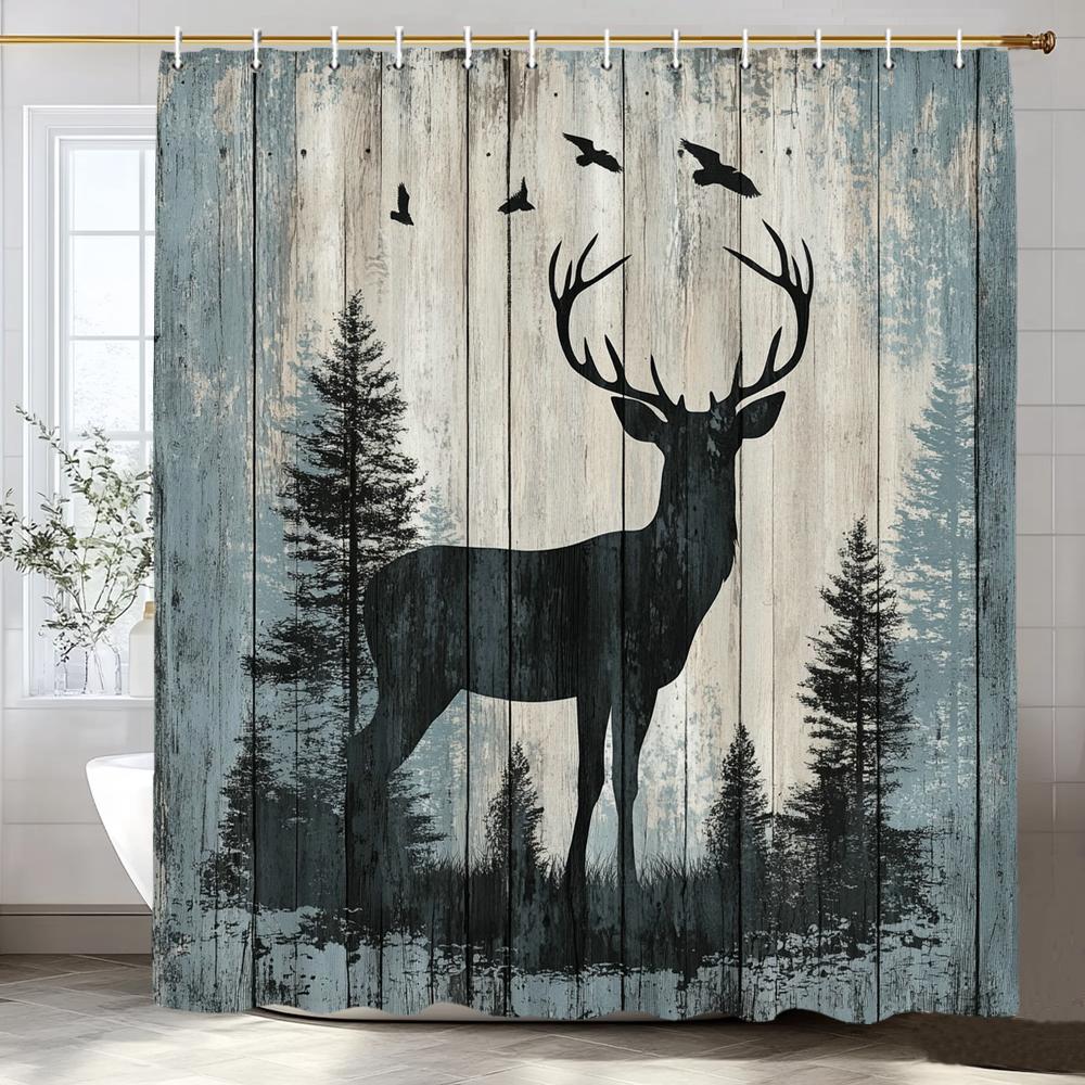 1Pc Forest Animal Deer Shower Curtain, Bathroom Decorative Shower Curtain, Printed Polyester Fabric Shower Curtain With Hooks