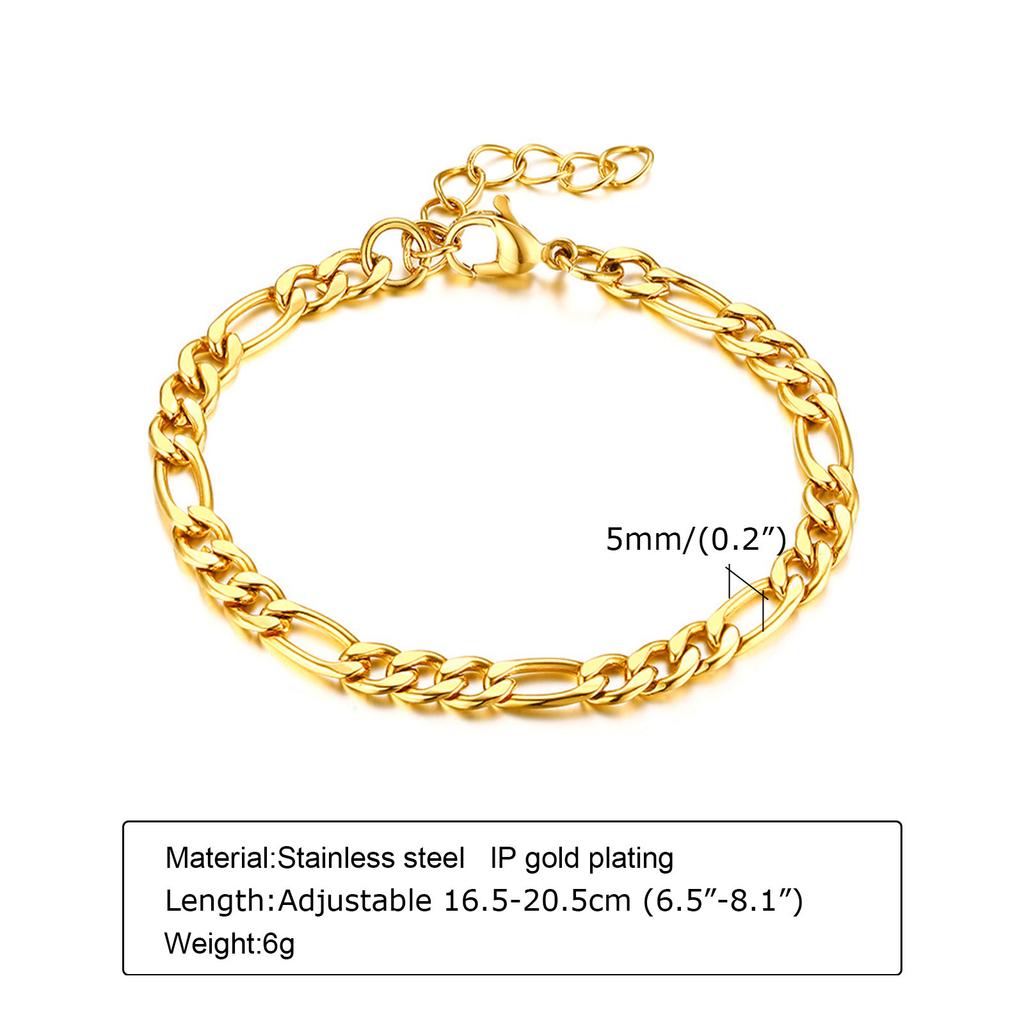 Figaron Chain Bracelet Women, 3mm/5mm/7mm Stainless Steel Wristband, Minimalist Stackable Jewelry