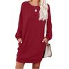 Women's Fashionable Long-sleeved Solid-color Round-neck Pocket Dress