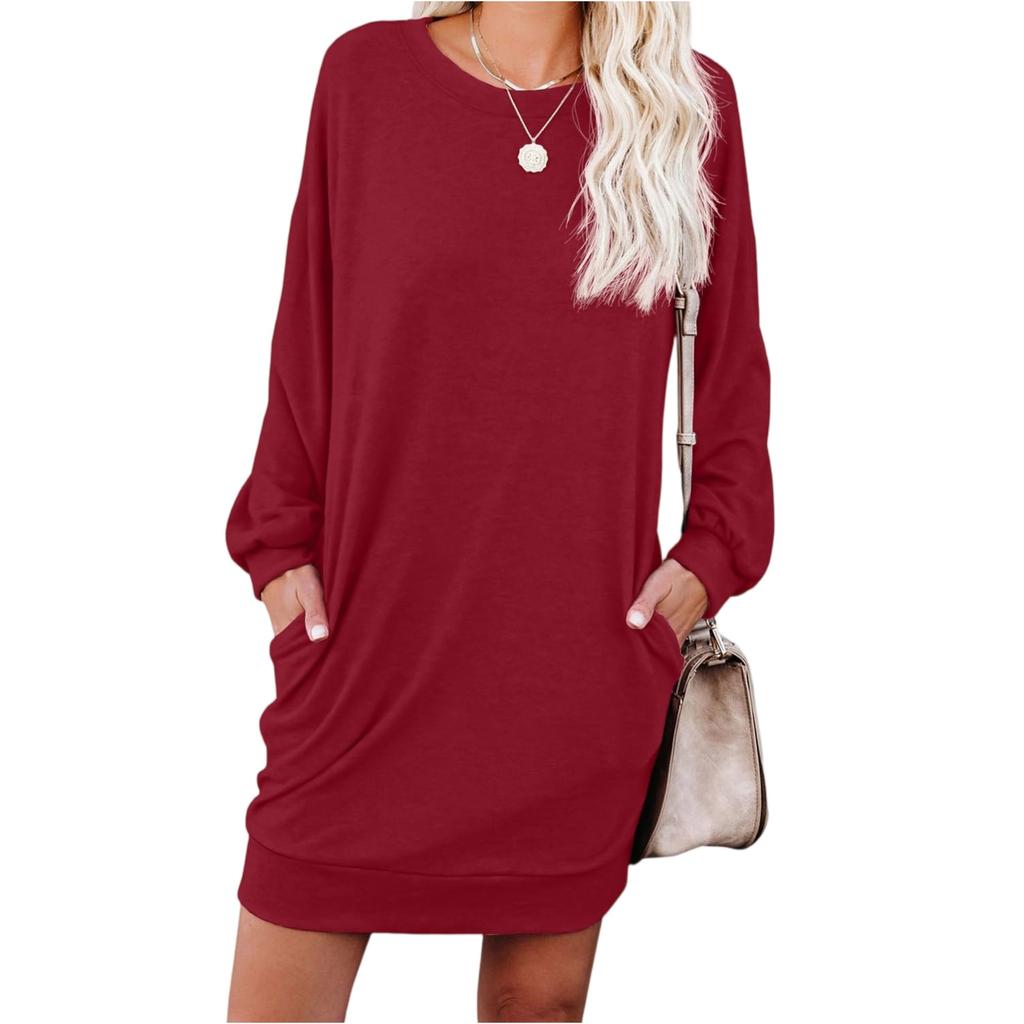 Women's Fashionable Long-sleeved Solid-color Round-neck Pocket Dress