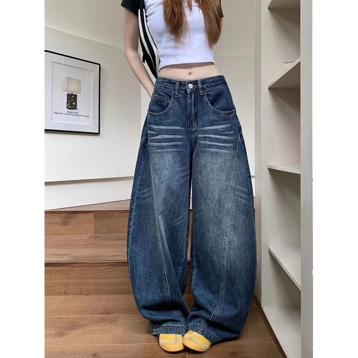 

High-Waisted Retro Wide-Leg Jeans for Women – Slimming, Straight-Fit, Floor-Length Small синий