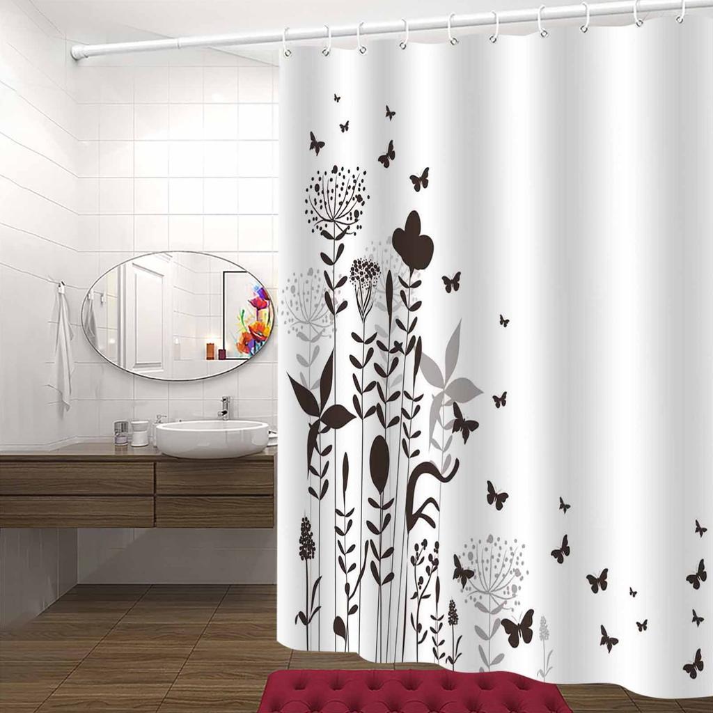 1pcs Modern Simple Silhouette Plant Flower Butterfly Shower Curtain, High-end Elegant Bathroom Curtain, Bathroom Decor