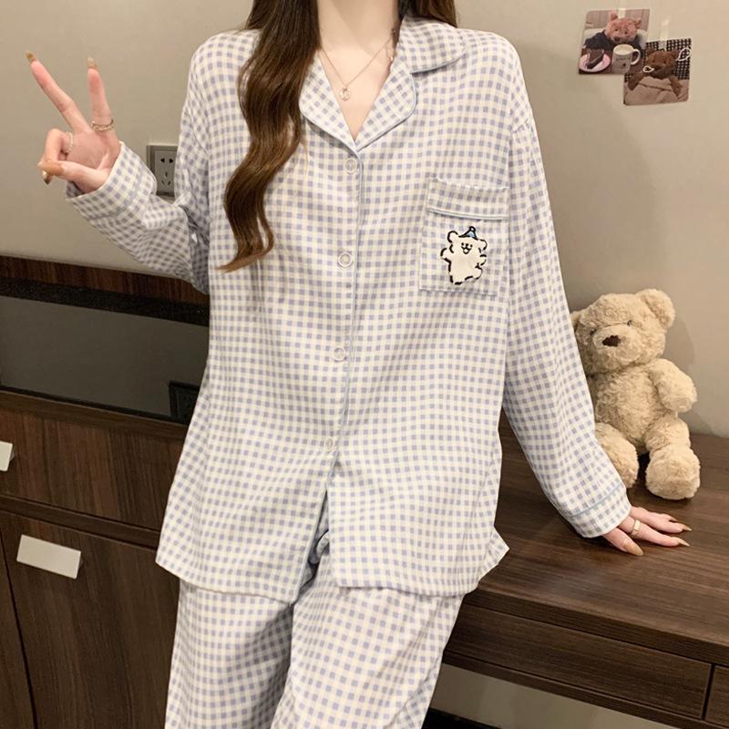 Girls Line Puppy Plaid Pajamas Women'S Cloud Cotton Thin Long Sleeve Suit Loungewear
