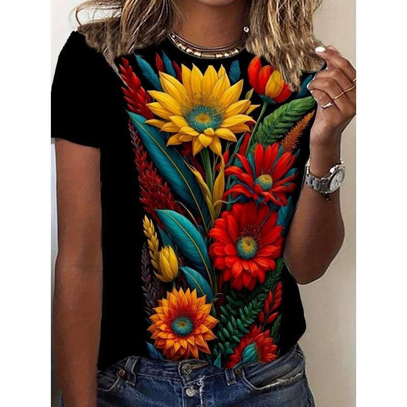 Black Women s T-shirt - Vibrant Sunflower and Flower Patterns 2XS