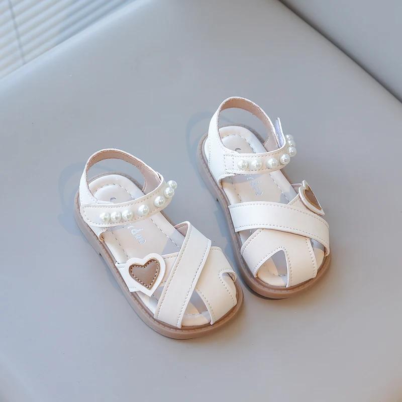 

Toddlers Girls Sandals Kids Heart Sandals with Pearls Beading Toe-covered Anti-skid 2025 Summer Brand New Fashion Princess Shoes 21 бежевый