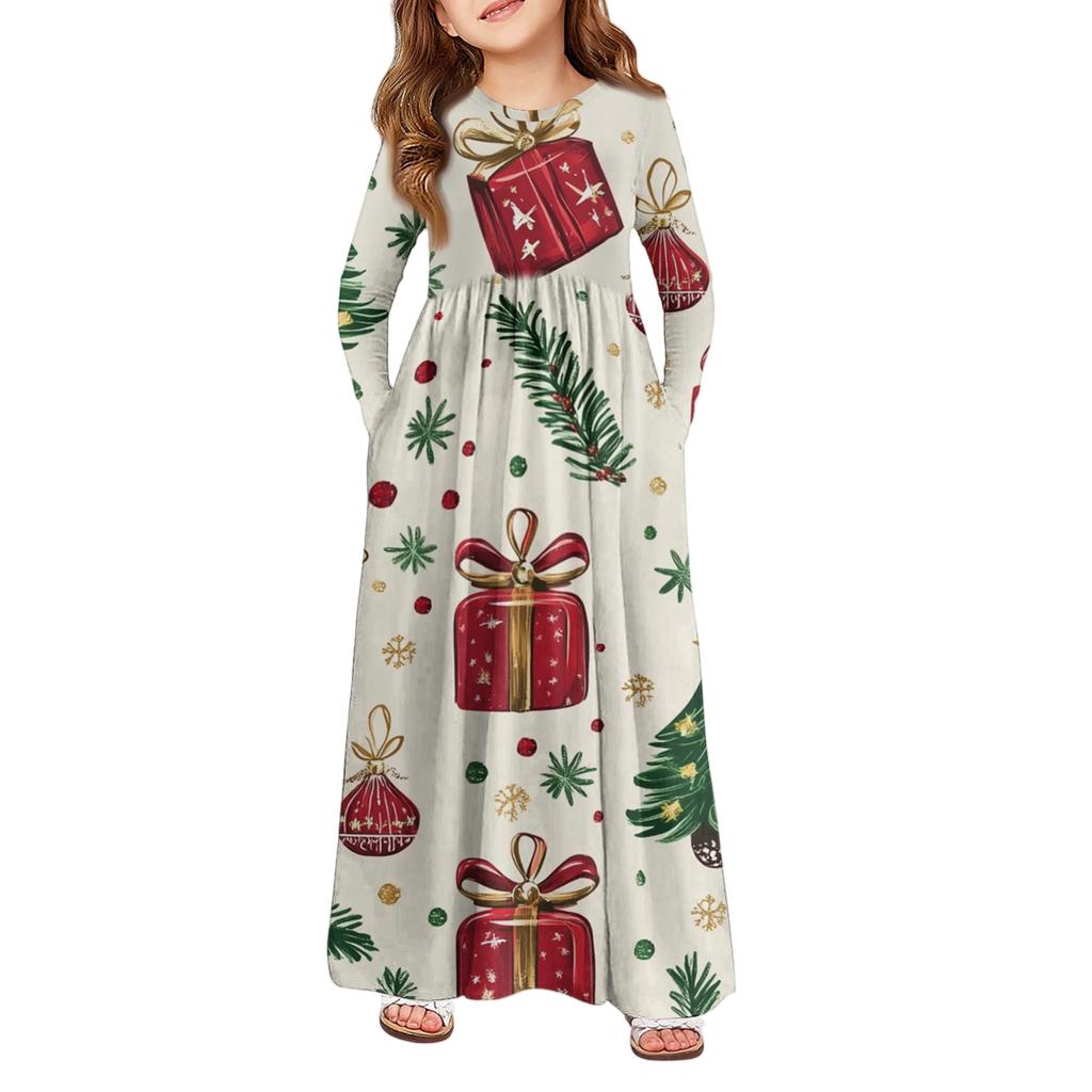 Girls' Maxi Dress - Long Sleeve Pocket Dress Christmas Day
