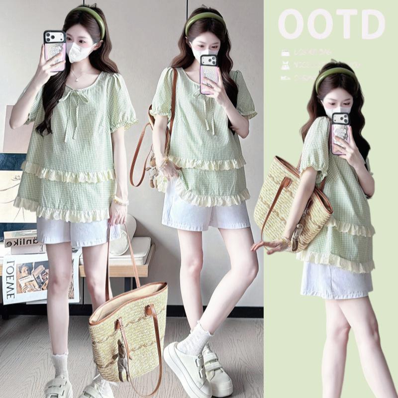 2026 Summer Plaid Lace Maternity Top - Korean Style, Loose Fit, Belly-Covering, Short Sleeve XL