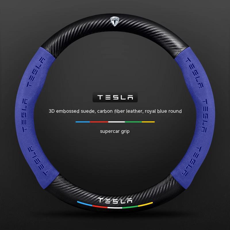ALA1 Tesla Model 3 Model Y Model S Model X Roadster Suede Carbon Fiber Anti-slip Breathable Car Steering Wheel Cover Auto Accessories