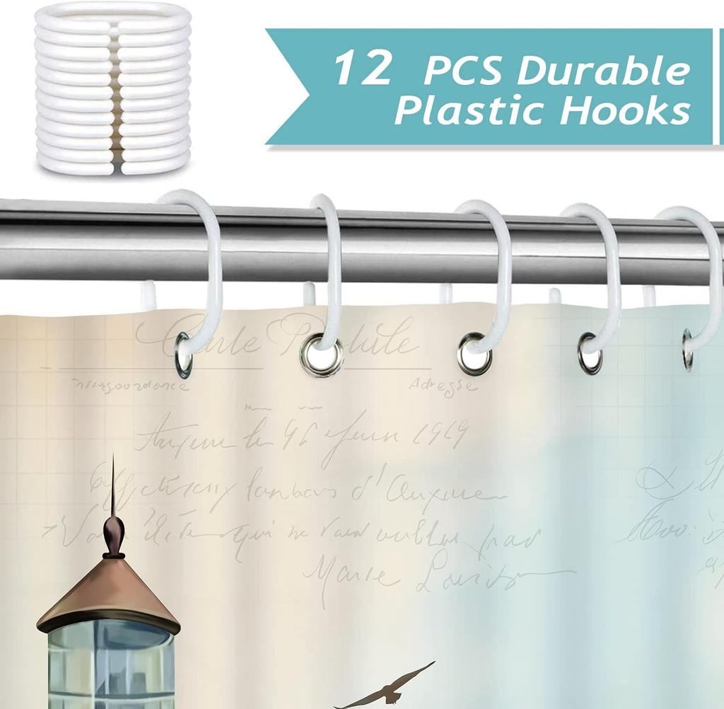 Lighthouse Shower Curtain, Nautical Coastal Sailboat Compass Bathroom DecorPolyester Fabric Waterproof Bath Curtain with 12Hoo