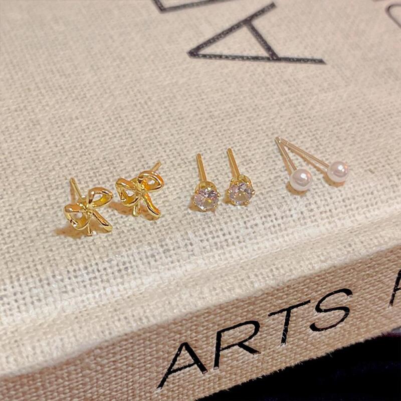 

Ribbon Earrings Mini Pearl Cubic Earrings 3-Piece Set ONECOLOR