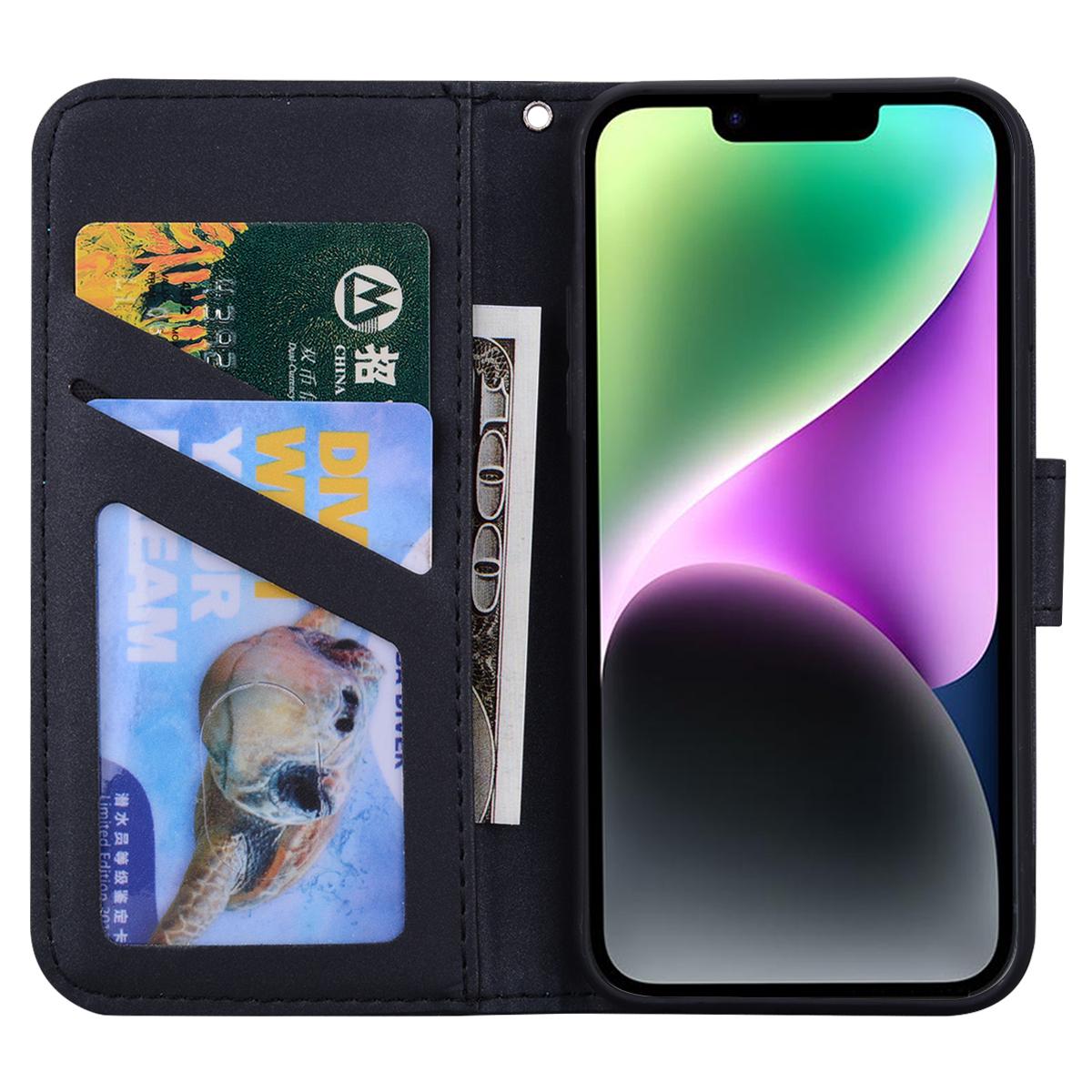 

For iPhone 14 Cell Phone Case Animal Pattern Support Stand Leather Wallet Cover Black