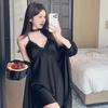 Women's Summer Lace Trim Ice Silk Pajama Set with Built-in Bra