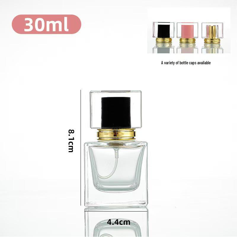Square Transparent Glass Perfume Bottle with Acrylic Snap-On Cap - Portable and Travel-Friendly.