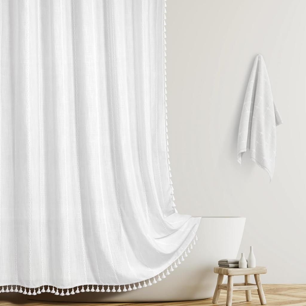 300GSM Thickened Polyester Linen Blend Shower Curtain, Waterproof Lotus Coating, Vertical Stripes with Tassel Hem