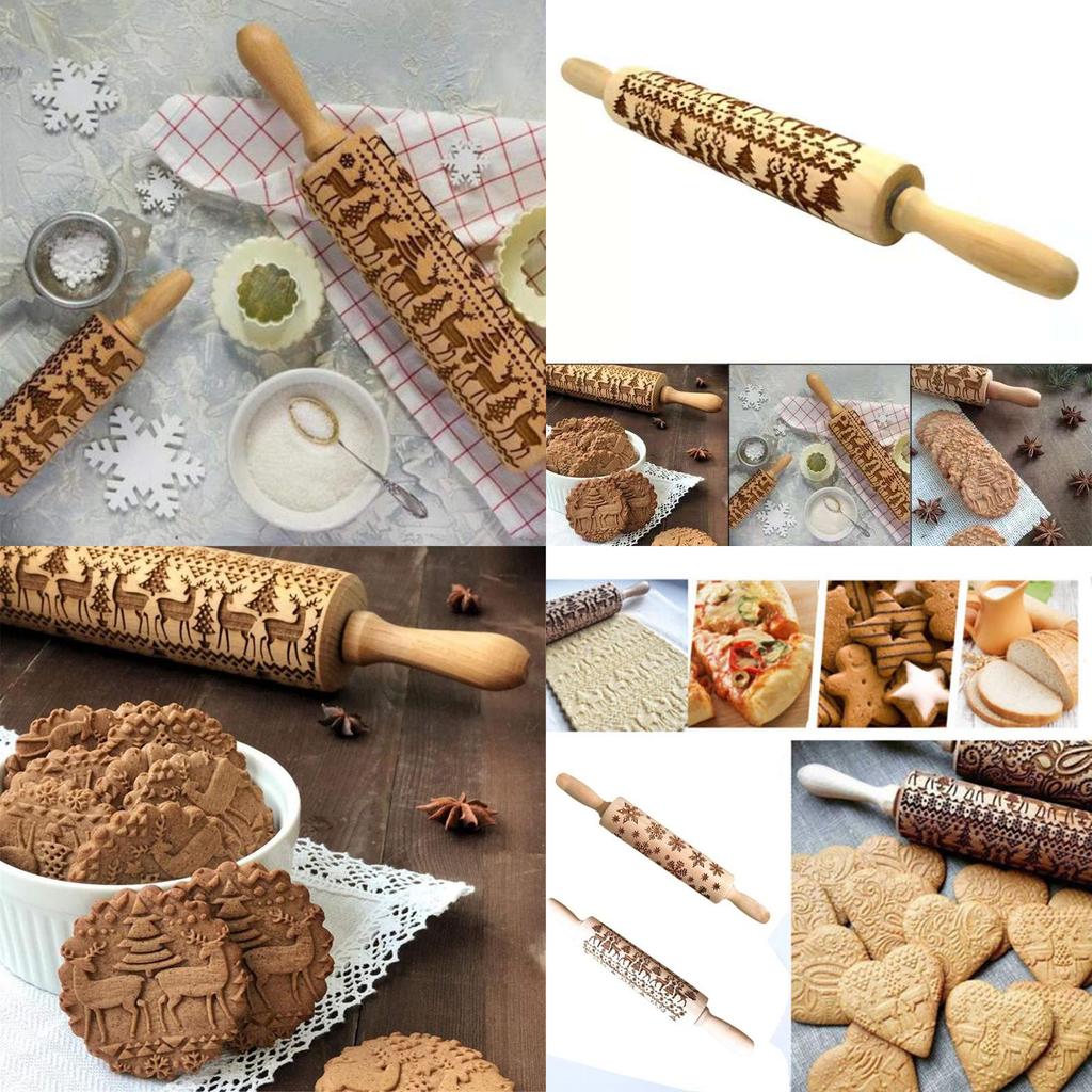 Premium Wood Christmas Elk Snowflake Rolling Pin For Baking Festive Cookies