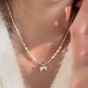 Temperament Elegant Silver Bow Freshwater Pearl Broken Silver Necklace Niche Design Sense Fashion Foreign Style Collarbone Chain