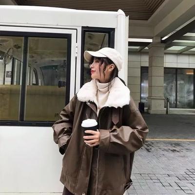 Leather Jacket Women's Fleece Thickened New Fur Integrated Retro Leather Jacket Loose Motorcycle Clothes