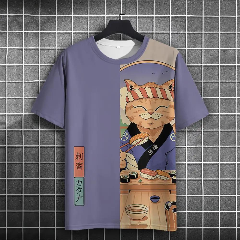 New Trend Cartoon Graphic T Shirt Japanese samurai Ninja Cat 3D Printed Funny Tshirts For Men Clothing Fashion Loose O Neck Tops