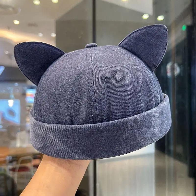Süßer Hut ohne Schirm mit Katzenohren Lässige Persönlichkeit Melonenhaut Mützenmütze Atmungsaktiv Gewaschener alter Unisex Beanie-Hut