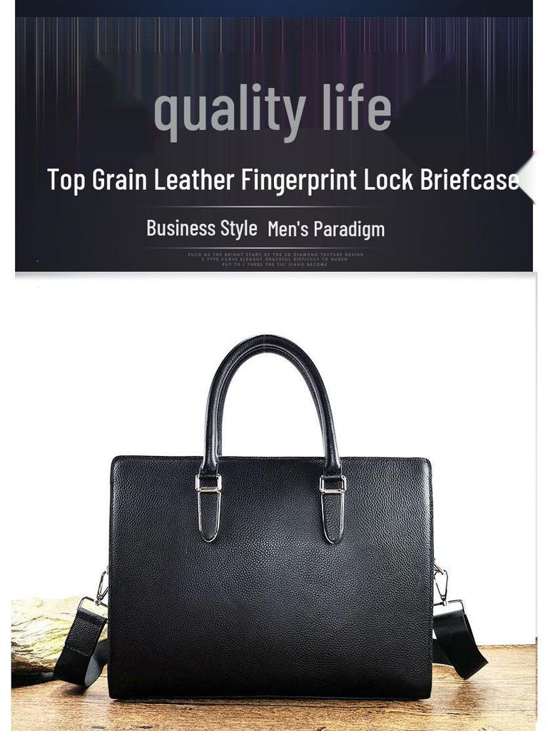 Men's Genuine Leather Anti-Theft Fingerprint Lock Briefcase - Top Layer Cowhide, Large Capacity, High-End Business Commute Handbag
